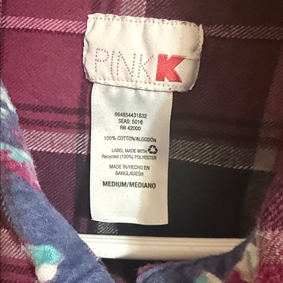 PINK K Plaid Button Down Shirt in Burgundy and Black - Picture 2 of 5